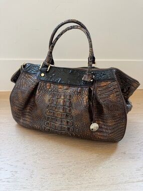 Brahmin Croc-Embossed Satchel in Brown and Black